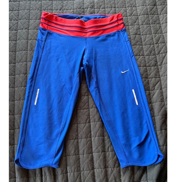 Nike Dri-FIT Running Capri Pants Womens Blue Red Reflective Medium - Picture 1 of 5